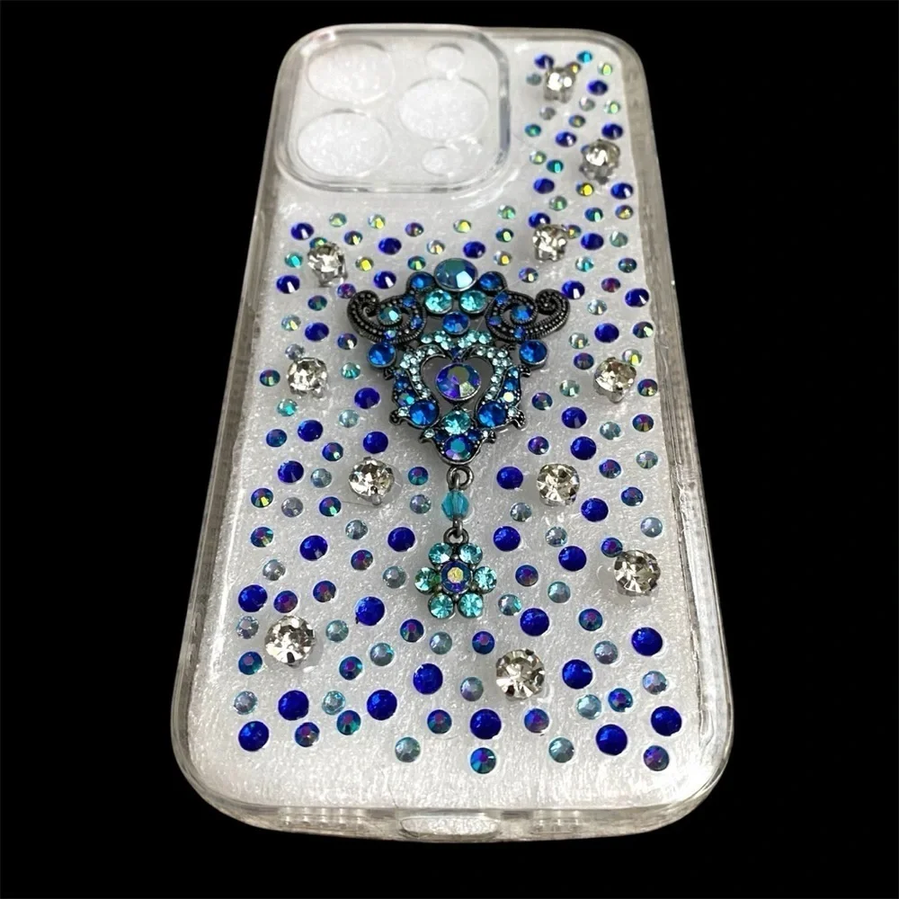 Blue and Silver Rhinestone Vintage Jewel iPhone 15 Pro Case